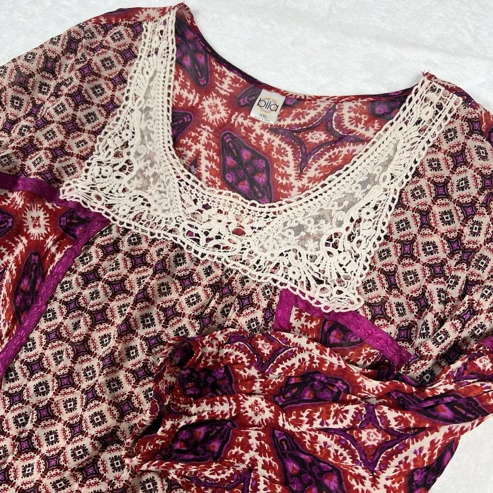 Bila Women XXL Billabong‎ Semi Sheer Crochet Trim Patchwork Tunic Boho Peasant